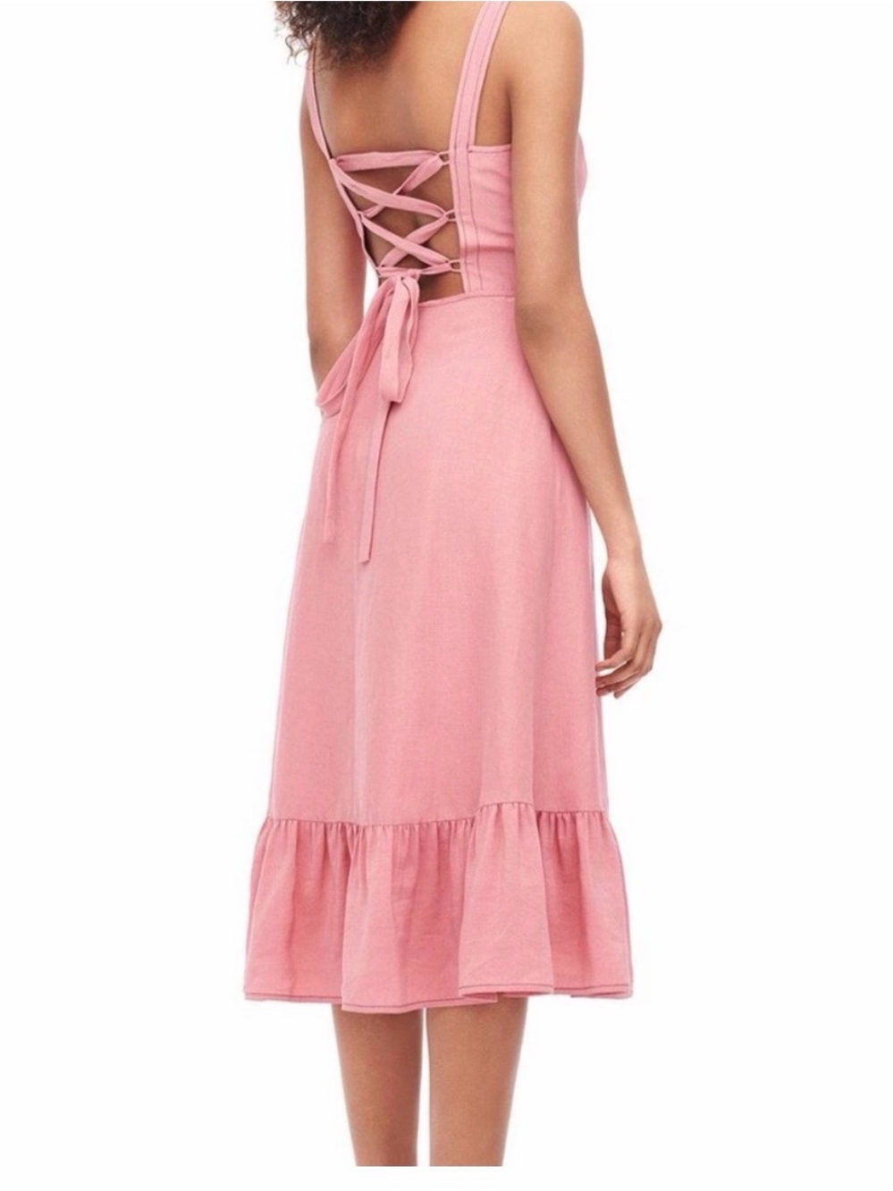 Rebecca Taylor Rose Pink Lace-Up Back Midi Dress with Ruffle Hem